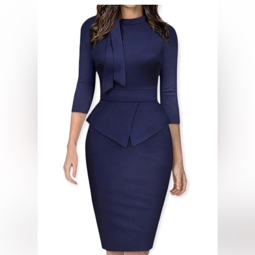 Moyabo dress women blue 3/4 Sleeves Swift Midi Sz#Large NWT Zip Back Turtleneck
